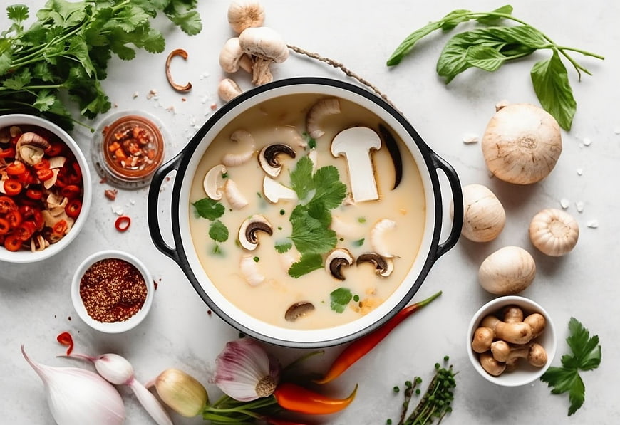 Overhead view of creamy mushroom soup with fresh herbs and spices