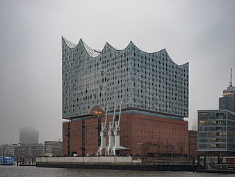 Elbphilharmonie Concert Hall in Hamburg Harbor on Foggy Day