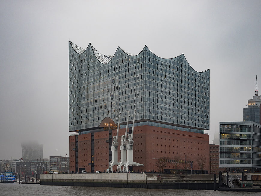 Elbphilharmonie Concert Hall in Hamburg Harbor on Foggy Day