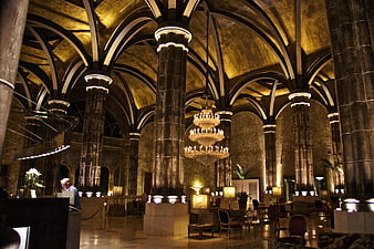 Grand Moorish Style Hotel Lobby with Arched Ceilings and Chandelier