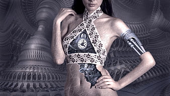 Surreal Steampunk Cyborg Woman with Mechanical Gears and Lace