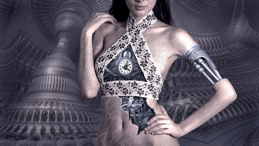 Surreal Steampunk Cyborg Woman with Mechanical Gears and Lace
