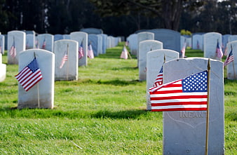 American flags on white headstones in a military cemetery