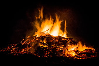 Bonfire Burning at Night with Bright Flames