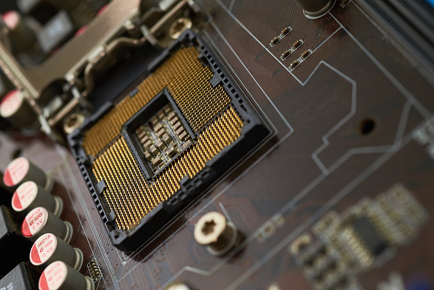 Close-up of empty CPU socket on computer motherboard