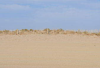 Wooden Beach Fence on Sand Dune with Blue Sky