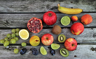 Fresh Fruit Flat Lay on Weathered Wooden Planks