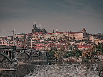 Prague Castle and Charles Bridge over Vltava River