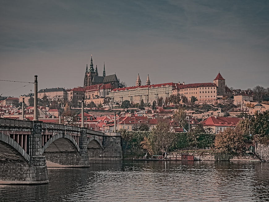 Prague Castle and Charles Bridge over Vltava River