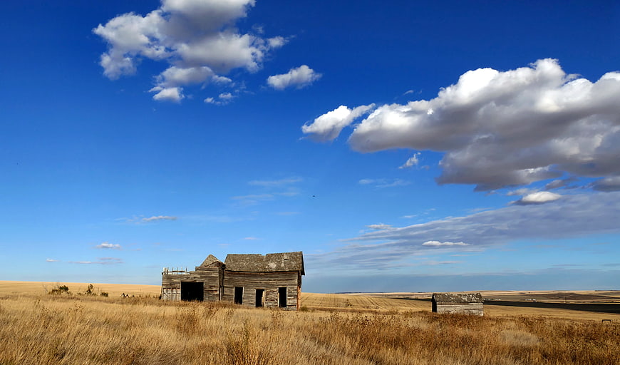 Weathered wooden barn in golden prairie landscape