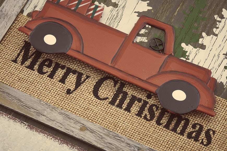 Rustic Wooden Christmas Truck on Burlap Sign