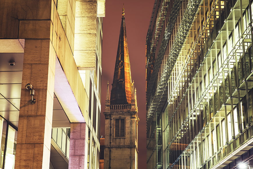 City Spire: Historic Church Tower Framed by Modern London Architecture