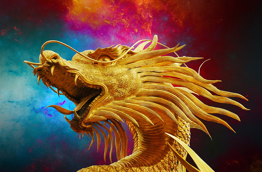 Golden Dragon Sculpture with Vibrant Colorful Background
