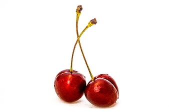 Fresh Red Cherries with Stems on White Background