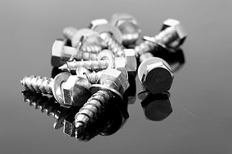 Black and white close-up of silver screws and bolts on reflective surface