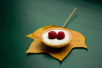 Mini Raspberry Tart on Autumn Leaf