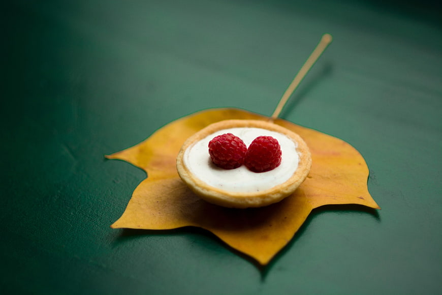 Mini Raspberry Tart on Autumn Leaf