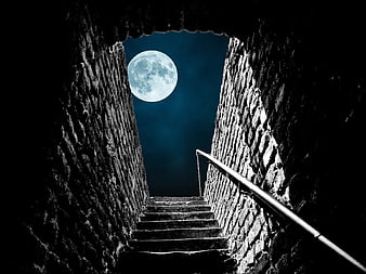 Stone Staircase Leading to Full Moon at Night