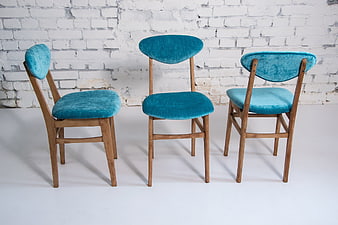 Three Teal Velvet Mid-Century Modern Dining Chairs