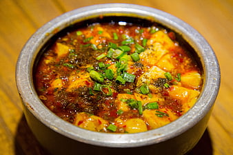 Spicy Mapo Tofu in Stone Pot with Green Onions
