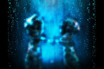 Handcuffed Hands Pressed Against Wet Glass With Bubbles