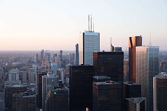 Aerial View of Downtown City Skyline at Sunset