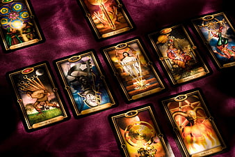 Mystical Tarot Card Spread on Purple Velvet Background