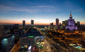Warsaw City Skyline at Dusk with Palace of Culture and Science