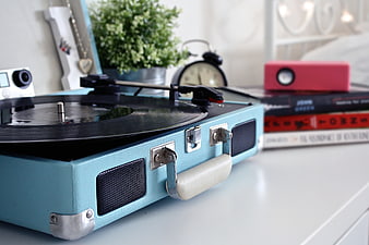Retro Blue Portable Turntable with Vinyl Record