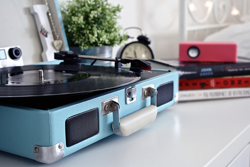 Retro Blue Portable Turntable with Vinyl Record