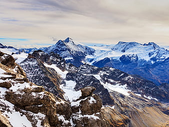 Snowy Mountain Peaks and Glaciers in the Swiss Alps