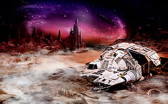 Crashed spaceship on alien planet with fantasy castle and purple nebula