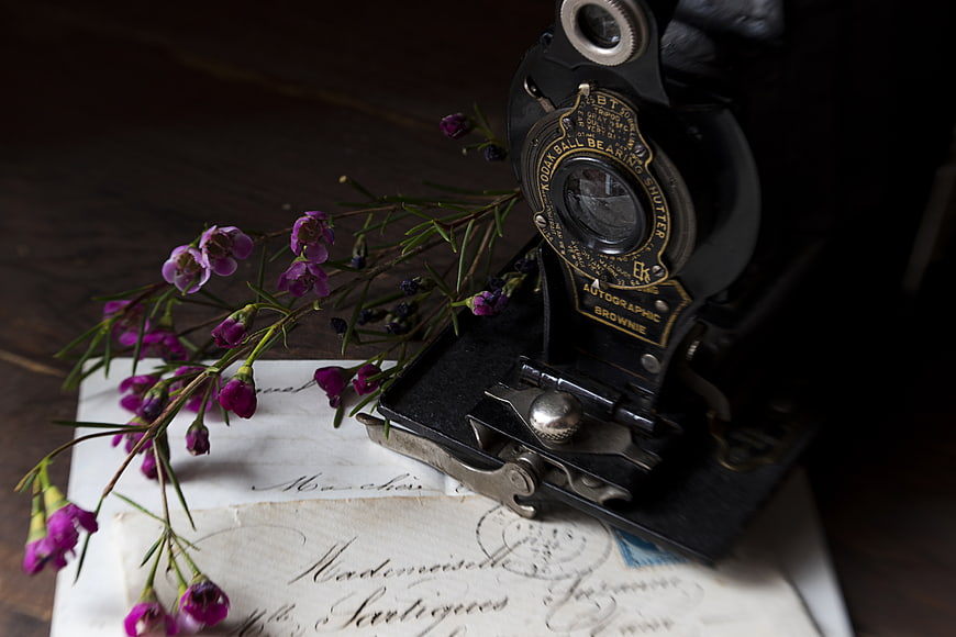 Vintage Kodak Brownie Camera with Purple Flowers and Old Letters