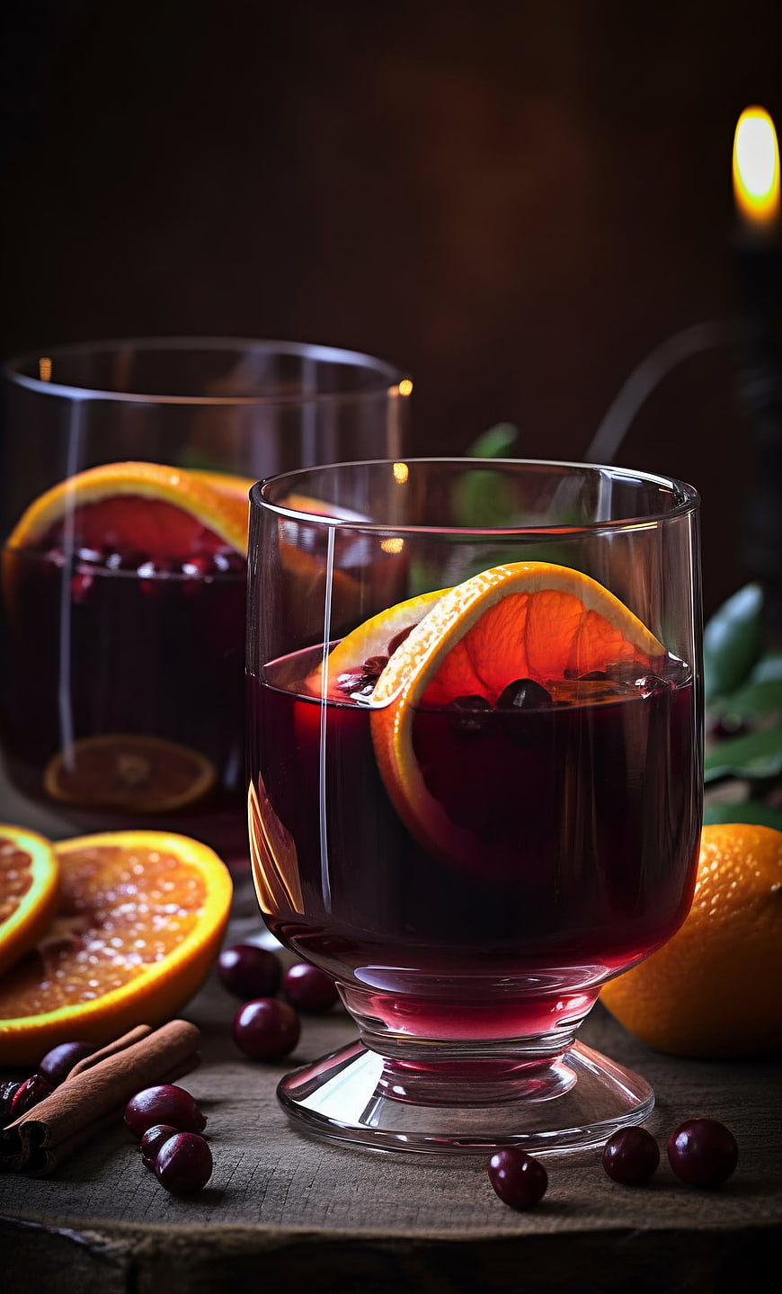 Glasses of mulled wine with orange slices and cranberries