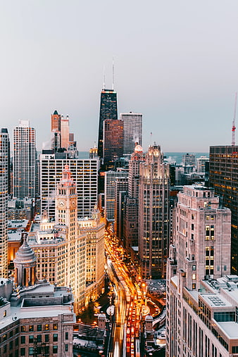 Chicago Skyline at Dusk with Light Trails
