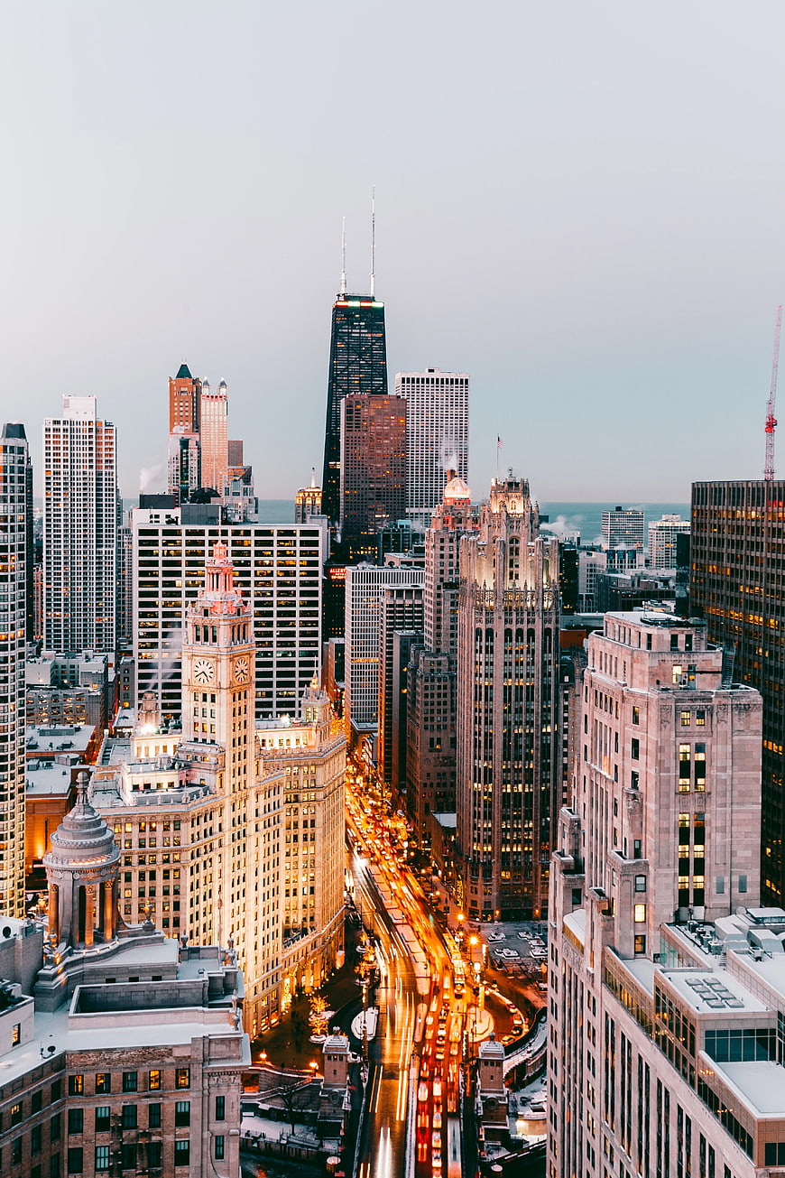 Chicago Skyline at Dusk with Light Trails