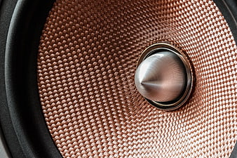 Close-up of copper woven speaker cone with silver tweeter