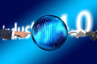 Human and Robot Hand Touching Digital Globe Industry 4.0