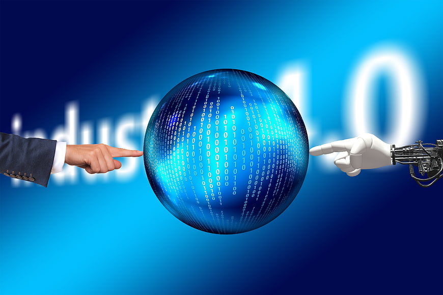 Human and Robot Hand Touching Digital Globe Industry 4.0
