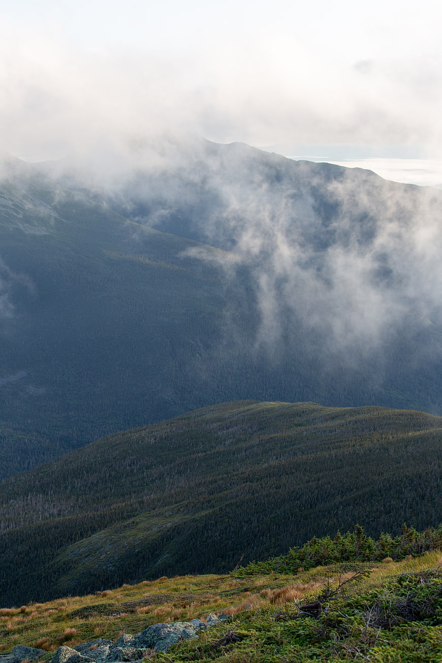 Misty Mountain Landscape with Rolling Forest Hills and Fog