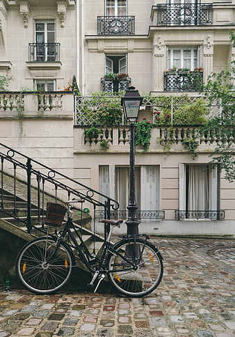 Vintage bicycle parked on cobblestone street in front of Parisian architecture