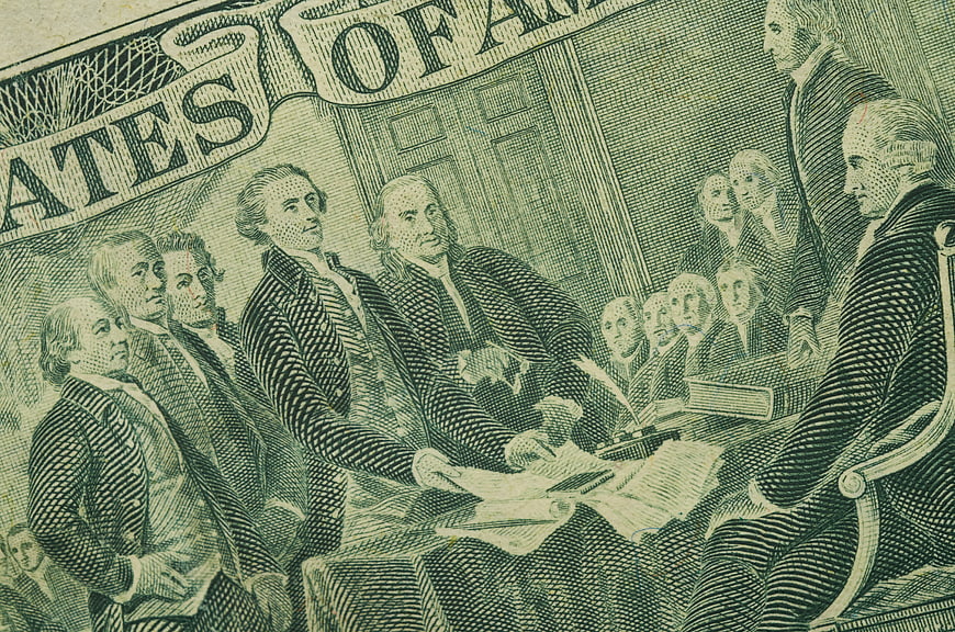 Close-up of US Two Dollar Bill Engraving Detail