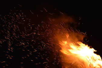 Dramatic Fire Explosion With Flying Sparks Against Black Night Background