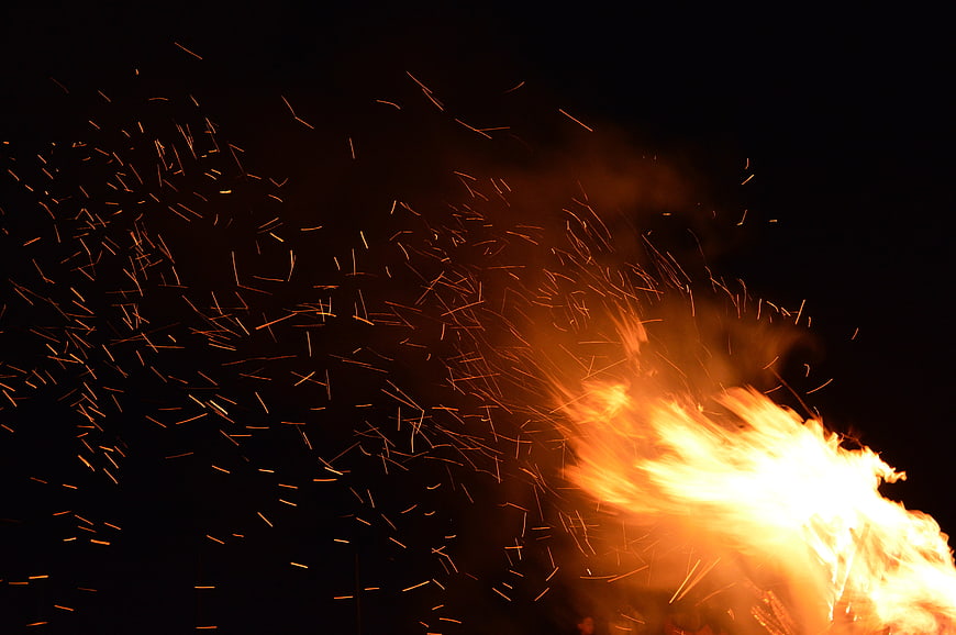 Dramatic Fire Explosion With Flying Sparks Against Black Night Background