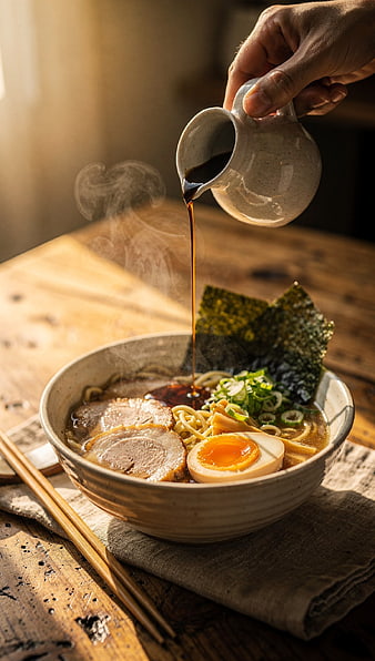 Hand Pouring Soy Sauce on Steaming Bowl of Japanese Ramen