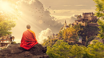Monk meditating on cliff overlooking castle and village