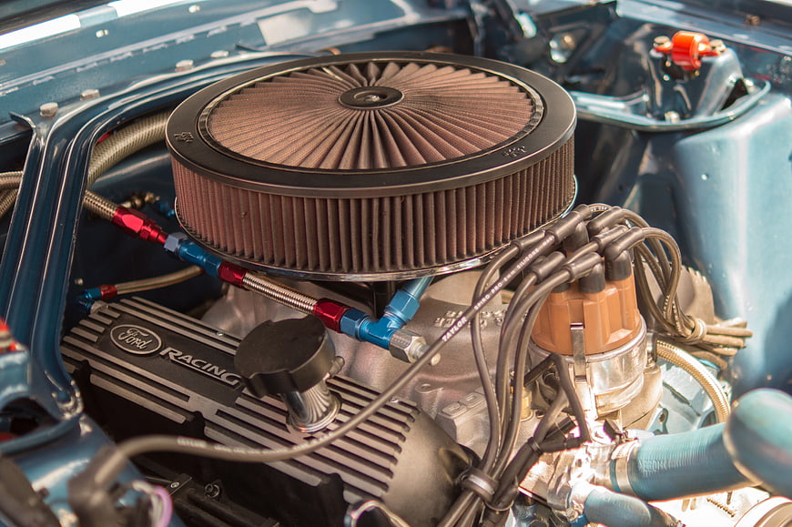 Close-up of Classic Ford Racing Engine with Air Filter
