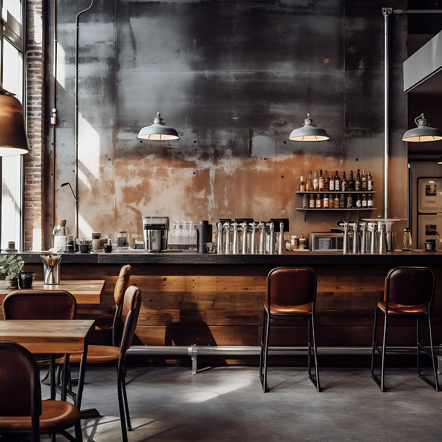 Industrial Style Coffee Shop Interior with Wooden Bar
