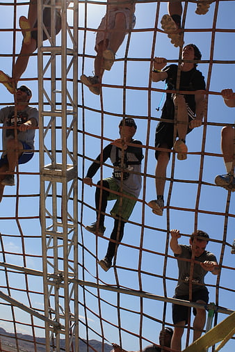 Athletes Climbing Cargo Net Obstacle Course