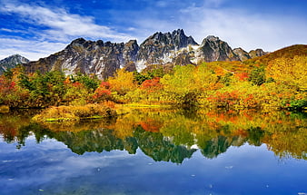 Kengatake Mountain Reflection in Senjinchigo Lake Autumn Landscape Japan